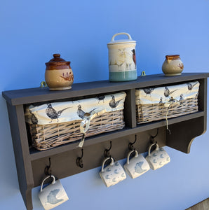 Mug rack with lined wicker storage baskets - FurniturefromtheOaks