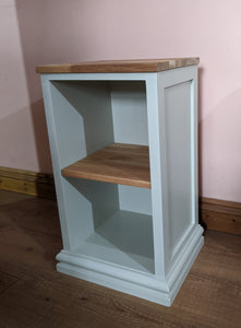 Painted bedside table with oak top and shelf